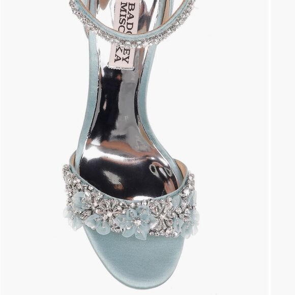 Badgley Mischka Clara embellished strap block heel blue satin heel Size 6 $235 - Picture 3 of 11